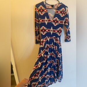 Aztec V-Neck Long Sleeve Dress - Blue and Red